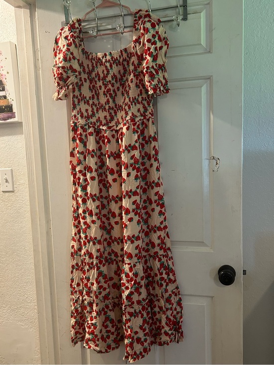 Betsey Johnson Dresses & Skirts - Betsey Johnson Cream Strawberry Print Maxi Dress with Red & Green Accents